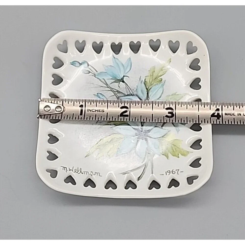 VTG Hand Painted Blue Floral Porcelain Square Dish Heart Cutouts 1967 Original